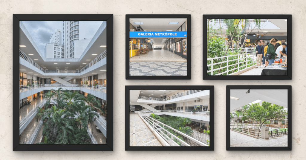 Colagem com cinco fotos destacando a arquitetura modernista da Galeria Metrópole no Centro de São Paulo, mostrando o vão livre com jardim de palmeiras, a placa azul de entrada e os corredores charmosos.